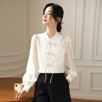 2023, китайска шифоновая блуза, дамски новост, яка-часова, копчета чонсам с дълги ръкави, есен нова китайска елегантна ежедневна блуза g756
