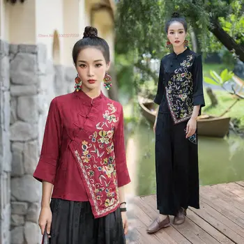 2023 китайската национална блуза, женски ретро костюм от епохата на тан, традиционната китайска блуза с бродерия на цветя, яке в източната част на фолк стил