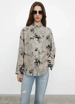 2024 Пролетно-лятна риза коприна с принтом златни хризантеми в скандинавски стил Проста