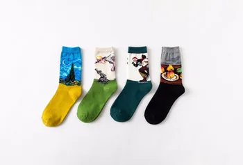 500 двойки/лот, хит на продажбите, модерен чорап с маслена рисувани в стил ретро, 17 цветове за избор