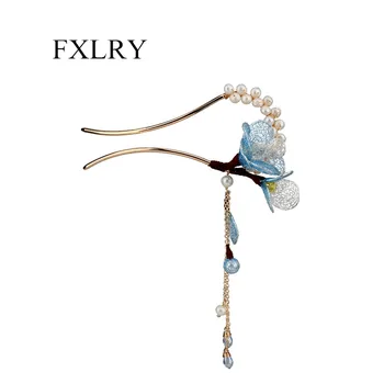 FXLRY Оригиналната Реколта Шнола от Естествени Перли, Ръчна изработка, U-образна цвете шнола с ръчно изработени, кок за коса, прическа