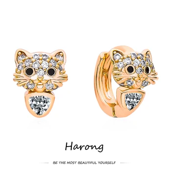 Harong Красиви кристални обици-халки с котки, луксозни обеци-пръстен от Розово Злато, Мед бижута с животни, подарък за жени, обици за момичета на рожден ден