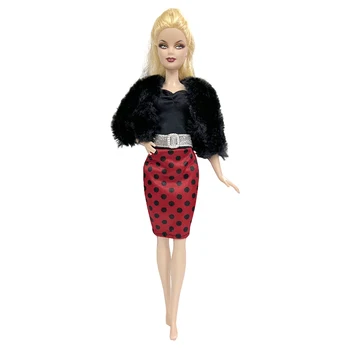 NK 1 Комплект Модерен кукольной дрехи 1/6 Черен Топ, палто, червено модерна рокля-пола, празнична облекло за кукли Барби, Аксесоари и играчки