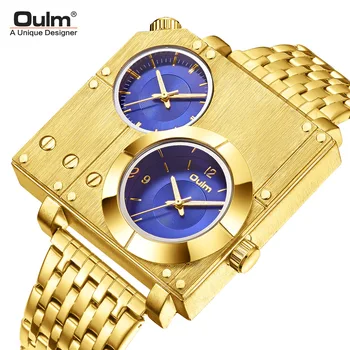 Oulm абсолютно нов стил и уникални дизайнерски мъжки часовници е от неръждаема стомана, кварцов часовник с голям циферблат, две часови зони, мъжки военни ръчен часовник
