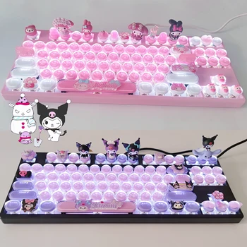 Sanrio Kawaii Kuromi Bluetooth Клавиатура за пишещи машини в Грах, Кафяв Червен Черен Ключ Подсветка, Безжична детска механична Клавиатура