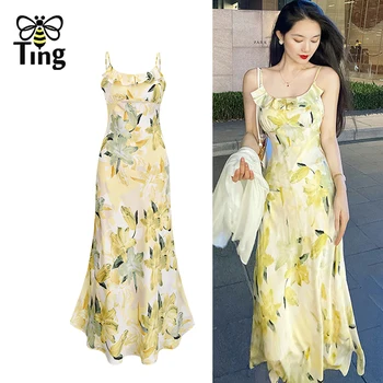 Tingfly, женски лятното модно жълто дълга рокля миди с цветна каишка, женски sundresses в бохемски стил с принтом Elbise Za