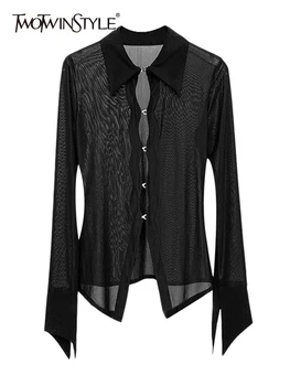 TWOTWINSTYLE лоскутные минималистичные Ризи за жени с ревера и дълъг ръкав, ежедневни Свободна лятна блуза, Дамски модни дрехи 2023, Новост