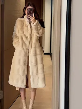 Winter Log Шарени Warm Fluffy Изкуствена Mink Fur Coat Stand Collar Korean Luxury Designer Overcoat Women палто, норки палта женски