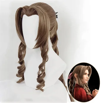 Y2K VII Cosplay FF7 Aerith Gainsborough Перуки с дълга коса черта за cosplay, Огнеупорни перука, изработени от синтетична коса + Безплатна шапка за перука