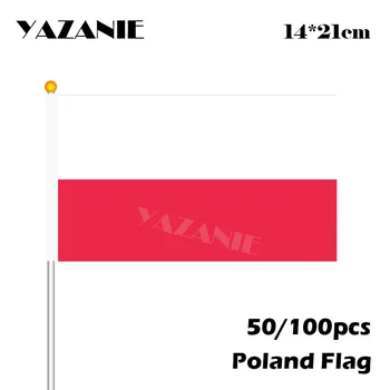 YAZANIE 14*21 см. 50/100 бр Полски Вълнообразни Флаг Полски Малък Размер В Ивицата Потребителски Знамена на Националния Банер с Пластмасово Флагштоком на Едро
