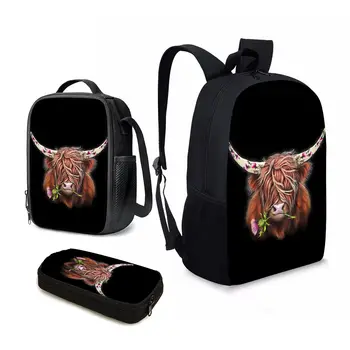 YIKELUO 3D училищна чанта с дизайн високопланинско крави, 3 бр., подарък за деца, черна Чанта за лаптоп с голям капацитет, чанта за отдих