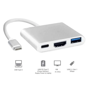 Адаптер за Зареждане на USB 3.0, съвместим с Type C HDMI Конвертор 3 В 1 USB-C 3.1, Адаптер-Хъб За MacBook Air Pro Huawei Samsung