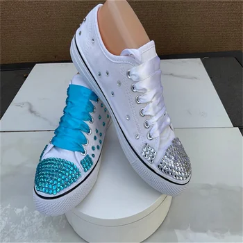 Бяла парусиновая обувки с нисък покрив, синьо-бяла лента с кристали, ежедневни, спортни обувки, дамски обувки 35-46