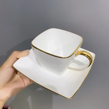 Висококачествен Чай от костен порцелан в бяло и златни цветове 220 мл, проста квадратна керамична чаша Coisas de casa para a cozinha, квадратна чаша