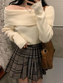 Вязаный пуловер с открити рамене, Дамски Елегантни пуловери с дълъг ръкав, Есен 2022, чист Цвят, модни секси Облекло на Y2k, върховете в корейски стил
