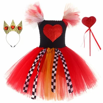 Детски костюм на Кралицата на сърцата на Алиса, Червената Кралица в Страната на Чудесата, cosplay, crown, дрехи за малките момичета за Хелоуин, Деня на раждане