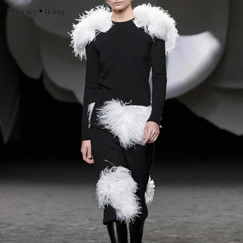 Дизайнерски стил на УИТНИ ВАН, пролетната мода 2023, градинска дрехи, вязаный Пуловер с настоящите страусиными пера, Дамски пуловер