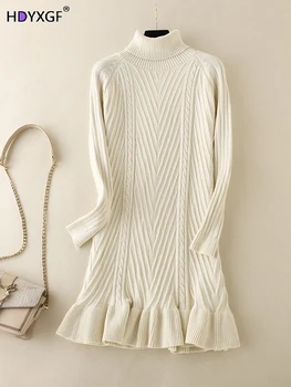 Есенно-зимни бели рокли, дамски 2023, ново женствена рокля-пуловер с висока воротом и дълъг ръкав, голям размер, свободни плетени рокли Mujer