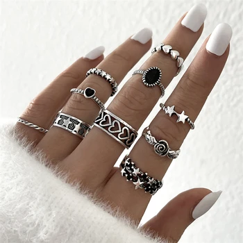 Етнически реколта сребърни пръстени във формата на звезди и сърца за жени, модни готически пръстен на юмрук, комплект за бижута и аксесоари