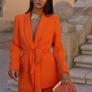 Женският елегантен оранжево директен блейзър Laing, костюм 2023, пролетни дамски обикновена комплекти за дейности, дамски панталони с висока талия, костюми