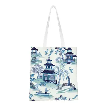 Китайска пагода, син на антични съдове от Върба, чанта за пазаруване, множество чанта за пазаруване в ориенталски стил, холщовая чанта за пазаруване