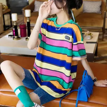 Корейски Шарени Преливащи Пуловери Ежедневна Намаляване на Контрастни Цветове, Дамски Свободна Модна Тениска Миди С Ивици под формата на Букви и кръгло деколте