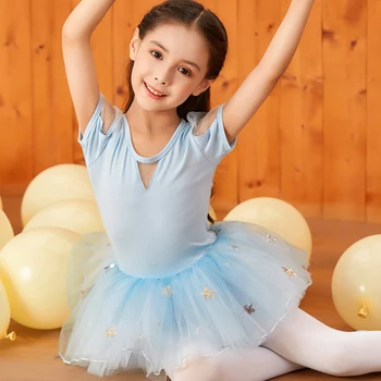 Летен детски памук танцов костюм, дрехи за тренировки с къси ръкави за момичета, балетна пола-пакетче