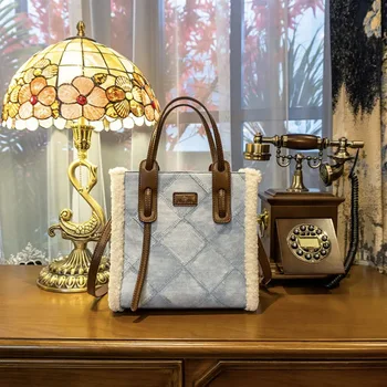 Луксозен деним, плюшен чанта в ретро стил кожена дамска чанта 2023, Нова модерна дамска чанта, чанта на едно рамо, чанта
