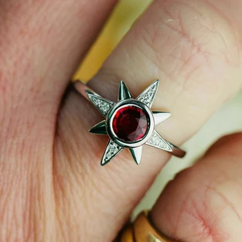 Луксозно дамско пръстен с малка звезда, модни годежни пръстени сребърен цвят за жени, реколтата, бижута от годежен пръстен с червен камък