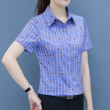 Лятна нова женска риза на райета с къси ръкави и принтом за средна възраст, однобортная, приталенная, универсална, за крайградски пътувания, корейска версия