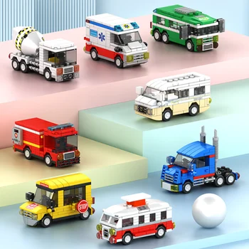 Мини Градски автомобил серия Пожарна Линейка Корона ремарке 3D Модел САМ Диамантени блокове Тухли Играчка за творческа събрание за деца