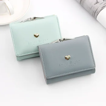 Модерен женски портфейл от ярки цветове, кожена обикновен ретро кратък чантата със сърце, дамски чанти-клатч за момичета, държач за карти, чанта-клатч