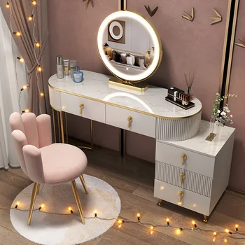 Модерен и луксозен Тоалетка, Малка спалня, Интелигентна кутия за съхранение, Салон за красота, Тоалетка, Тоалетен Огледало, Мебели с чекмеджета
