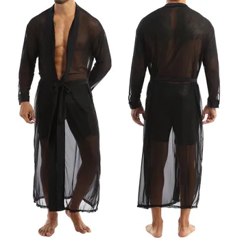 Мъжки Черни Халати с отворена предна решетка, прозрачен жилетка, на хладно мъжки нощница, пижама Camisa Masculina, Лидер на продажбите