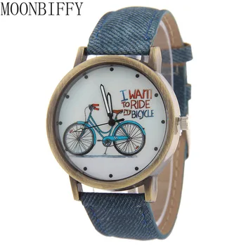 Нови Модни велосипедни дамски часовници е от плат деним с кожена каишка, рокля, дамски ежедневни кварцов часовник Relogio Feminino