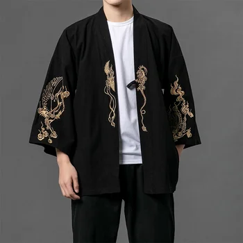 Онлайн магазин за китайски дрехи Yukata Черно с бродерия, жилетка, риза-кимоно, мъжки традиционни японски кимона Haori FF2803
