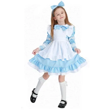 От 4 до 12 години, сладък костюм на камериерка принцеса Алиса за малки момичета, на френското хубава рокля-престилка в стила Лолита