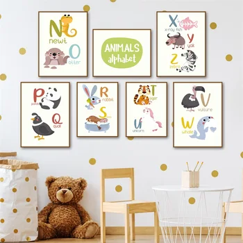 Потребителски стенни картина с принтом за детска стая, начало декор, детски азбука с животни, монтиране на изкуството, платно, живопис, плакат
