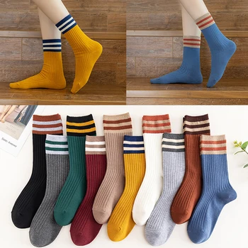Пролетни дамски чорапи, корейската версия на две шарени памучни чорапи в японската ивица с дрямка под формата на тръби, ins приливи и отливи, чорапи в стил колеж