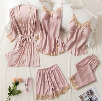 Пролетно-летни дамски копринени розови пижамные комплекти с Накладки на Гърдите, однотонная лейси пижами, 5 теми, сатен пижама на спагети презрамки