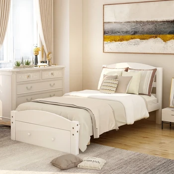 Рамка единично легло на платформата с чекмедже за съхранение и дървена лента, за мебели в спалнята не се изисква пружинен блок, бял