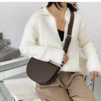 Ретро однотонная седельная чанта, висококачествени чанти от кожа на лоста за жени, 2023 Открийте проста женска чанта през рамо, чанти
