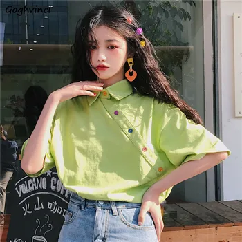 Ризи женски с отложным яка и копчета, къс ръкав, корейски стил, шик ежедневни блузи за почивка, летни дамски ежедневни