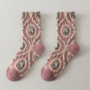 Розови дамски чорапи с бродерия в стил харадзюку, ретро реколта, пролет-есен, кавайные сладки памучни високи дълги чорапи за момичета