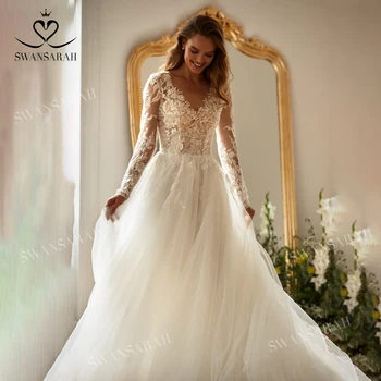 Сватбена рокля SwanSarah с дълъг ръкав 2023, Иллюзионные Апликация От Мъниста, Трапециевидный Придворен Струята, Рокля на Принцеса Булка M172, Vestido De Новия