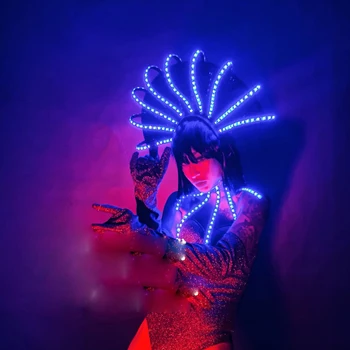 Секси жена led костюм за танцово шоу в нощен клуб, дрехи за партита, прическа lumious, боди, пълен комплект дрехи за танцьорки
