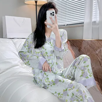 Секси Лилаво сатен пижами високо качество с флорални принтом, дамски домашни дрехи от коприна лед, пижами, риза с дълъг ръкав, Панталони, спално бельо