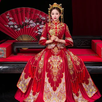 Съвременни Китайски Традиционната сватбена рокля Чонсам Ципао, Китайското рокля, източна облекло, дълга червена рокля, Размер 3XL 4XL 5XL 6XL