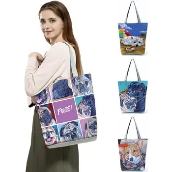 Торбички за пазаруване по-голям контейнер За продукти, Сладка женствена чанта-тоут с принтом Кучета, написана с маслени бои, дизайнерска чанта за поръчка, студентски чанта през рамо