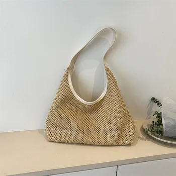 Чанта от растителни тъкани, дамска чанта, малка лятна и свежа нова тканая чанта ins, плажна чанта през рамото си, през рамо, чанта